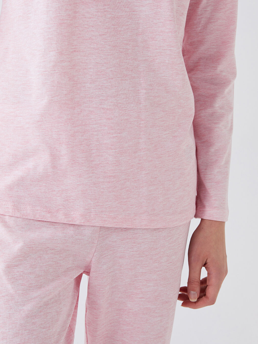 Pembe Bisiklet Yaka Düz Uzun Kollu Kadın Pijama Takımı-2