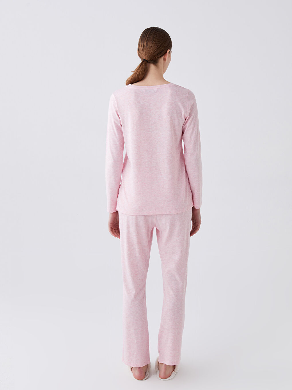 Pembe Bisiklet Yaka Düz Uzun Kollu Kadın Pijama Takımı-3