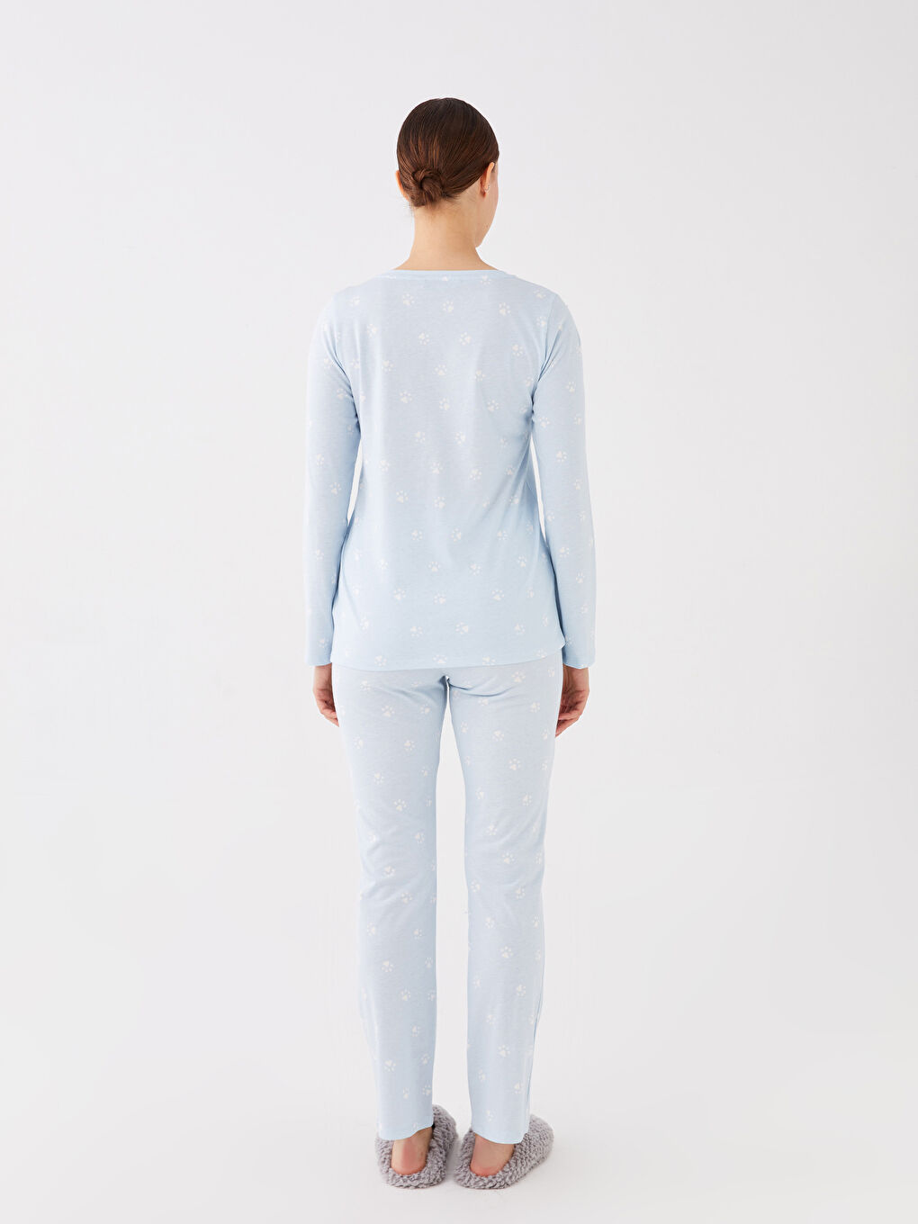 Mavi Bisiklet Yaka Düz Uzun Kollu Kadın Pijama Takımı-4