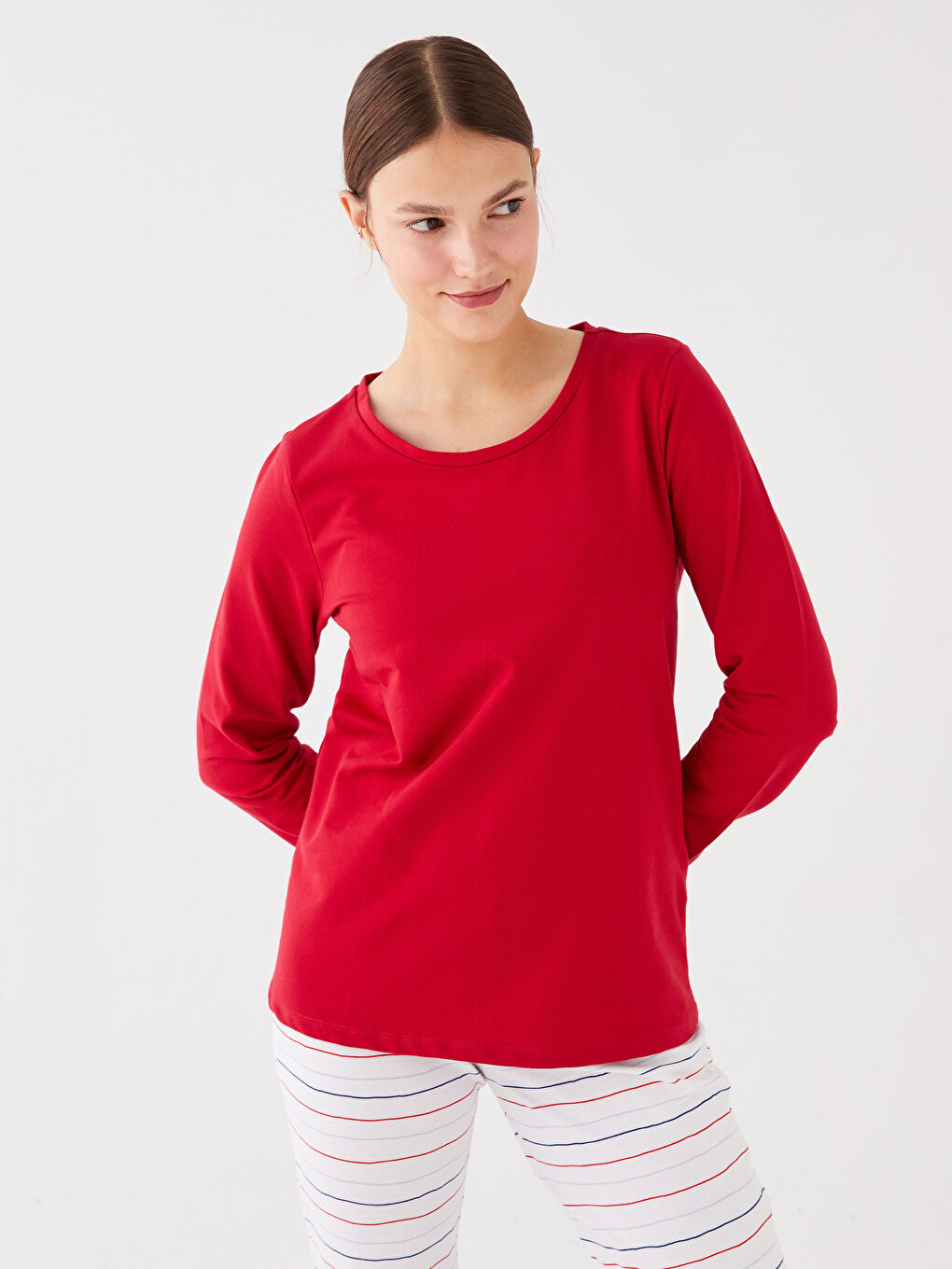 Kırmızı Bisiklet Yaka Düz Uzun Kollu Kadın Pijama Takımı