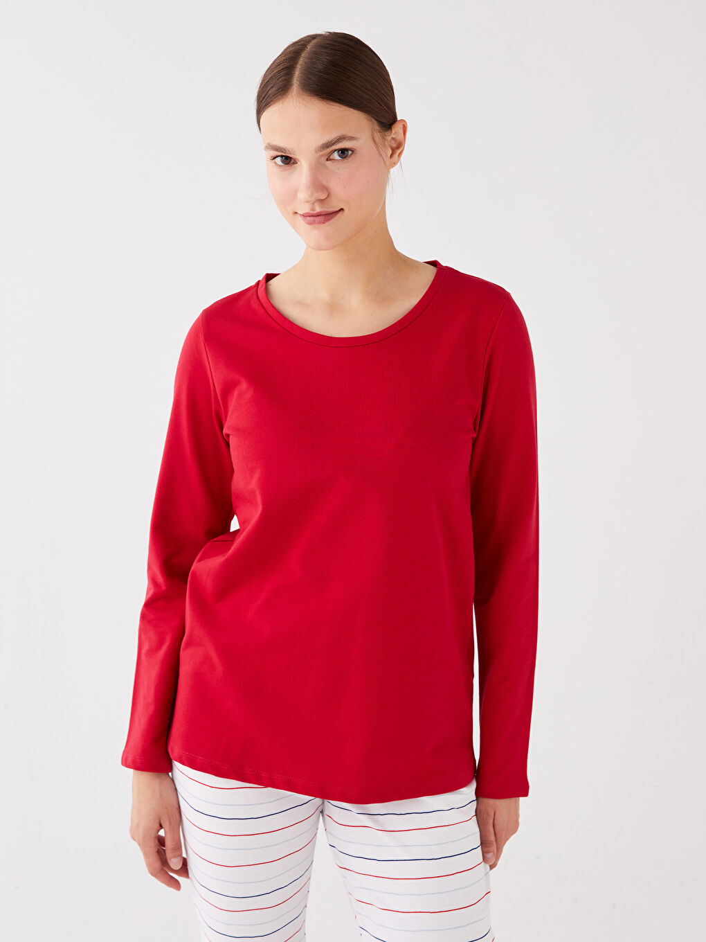 Kırmızı Bisiklet Yaka Düz Uzun Kollu Kadın Pijama Takımı-1