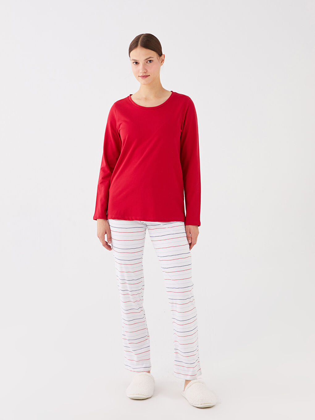 Kırmızı Bisiklet Yaka Düz Uzun Kollu Kadın Pijama Takımı-2