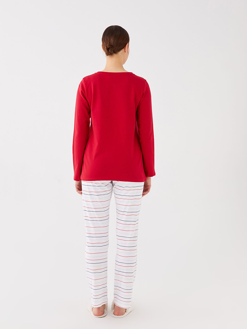 Kırmızı Bisiklet Yaka Düz Uzun Kollu Kadın Pijama Takımı-4