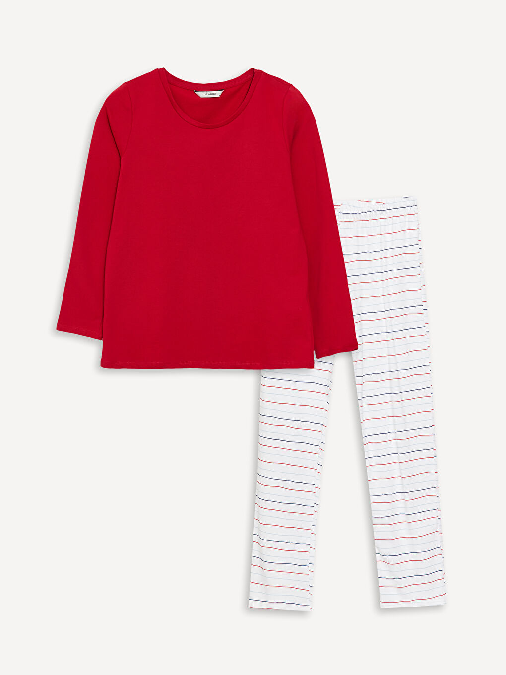 Kırmızı Bisiklet Yaka Düz Uzun Kollu Kadın Pijama Takımı-5