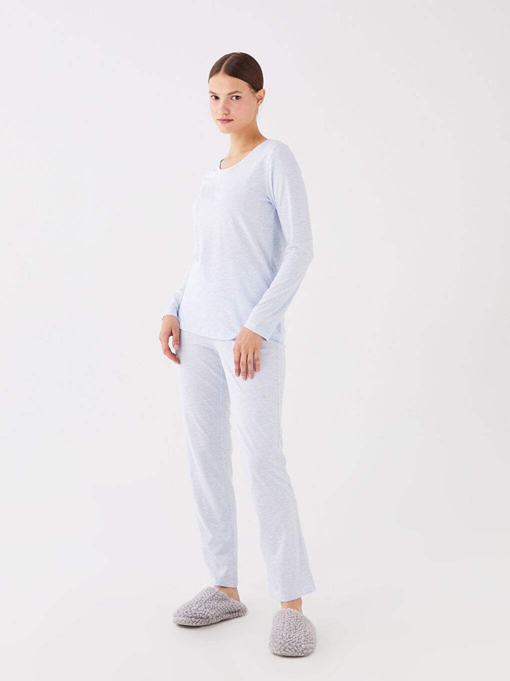 Mavi Bisiklet Yaka Düz Uzun Kollu Kadın Pijama Takımı