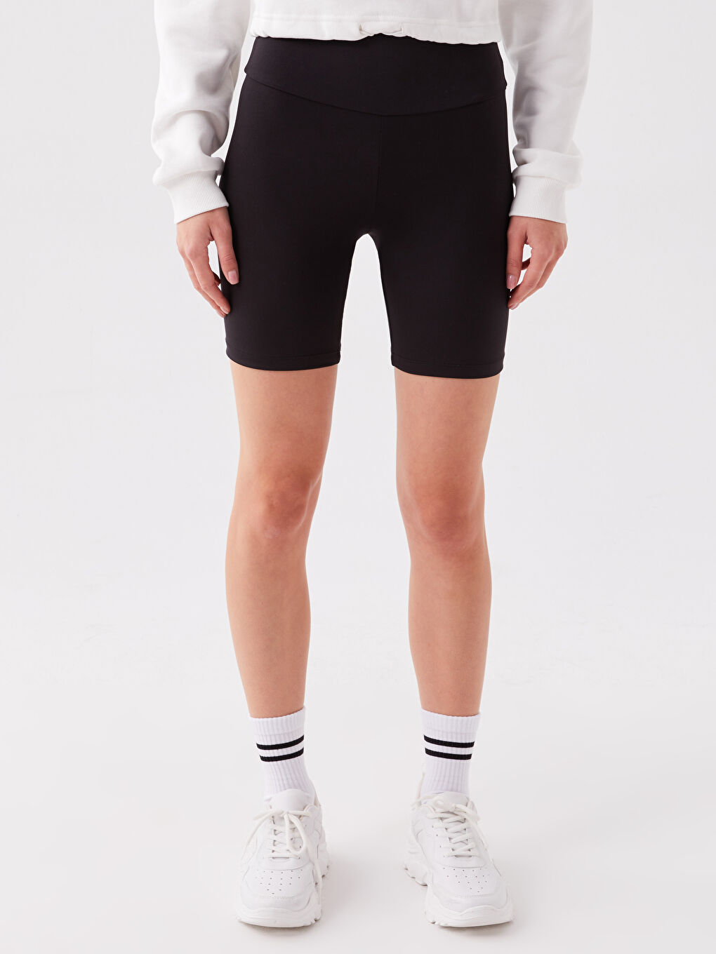 Siyah Kadın Beli Lastikli Düz Şort Tayt-2