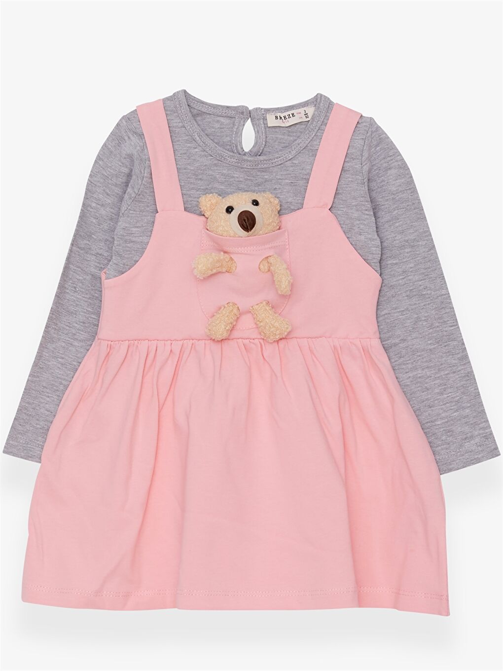 Pembe Bisiklet Yaka Baskılı Uzun Kollu Kız Bebek Elbise