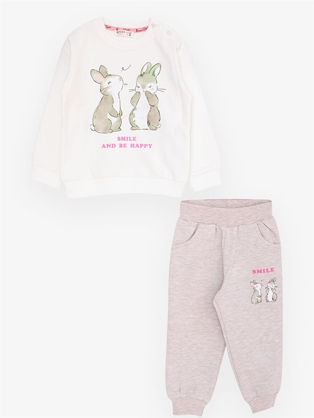 Ekru Bisiklet Yaka Uzun Kollu Baskılı Kız Bebek 2'li Takım