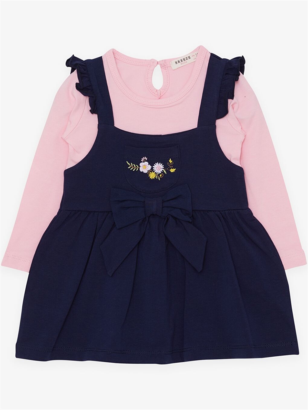 Lacivert Bisiklet Yaka Uzun Kollu Desenli Kız Bebek Elbise