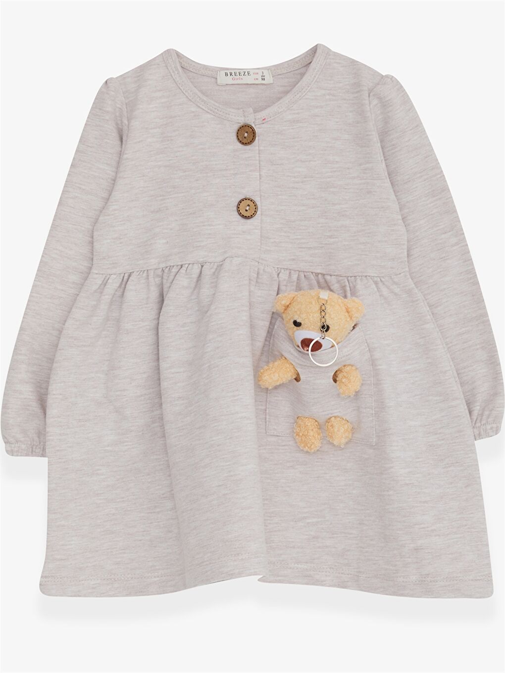 Bej Bisiklet Yaka Baskılı Uzun Kollu Kız Bebek Elbise