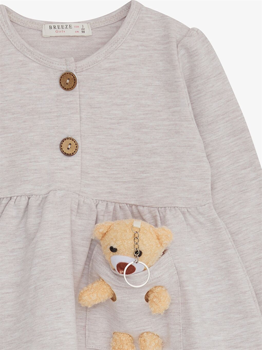 Bej Bisiklet Yaka Baskılı Uzun Kollu Kız Bebek Elbise-2