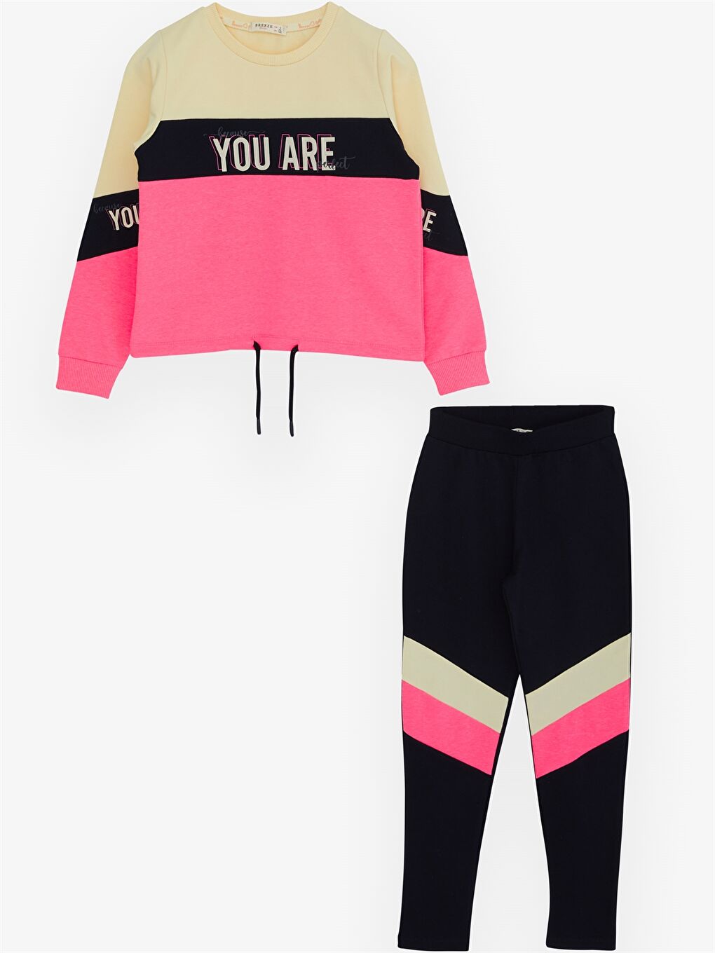 Ekru Bisiklet Yaka Baskılı Uzun Kollu Kız Çocuk 2'li Takım