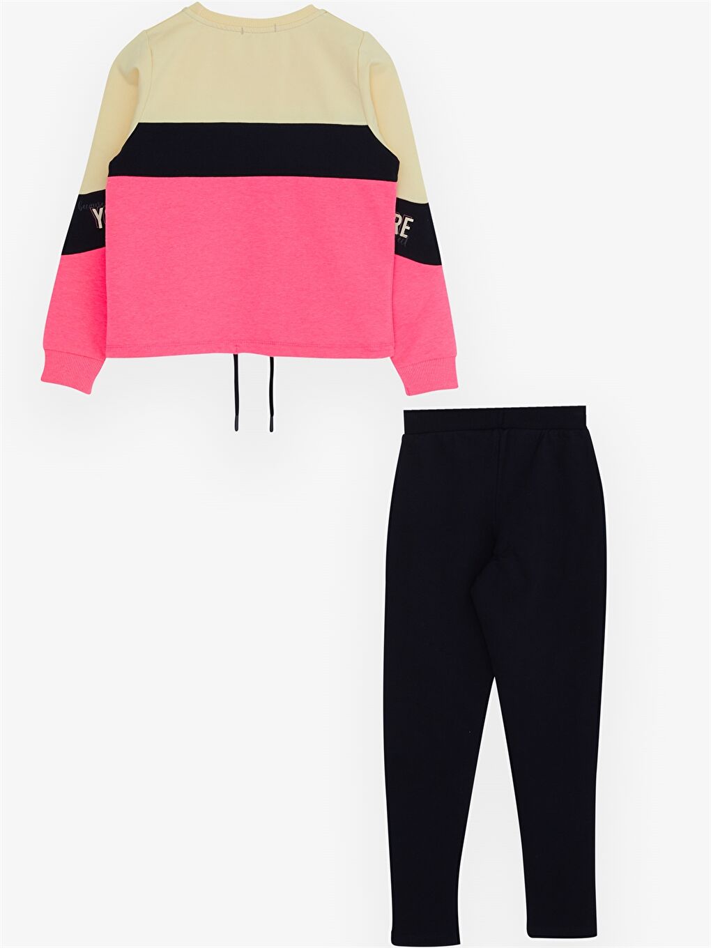 Ekru Bisiklet Yaka Baskılı Uzun Kollu Kız Çocuk 2'li Takım-1