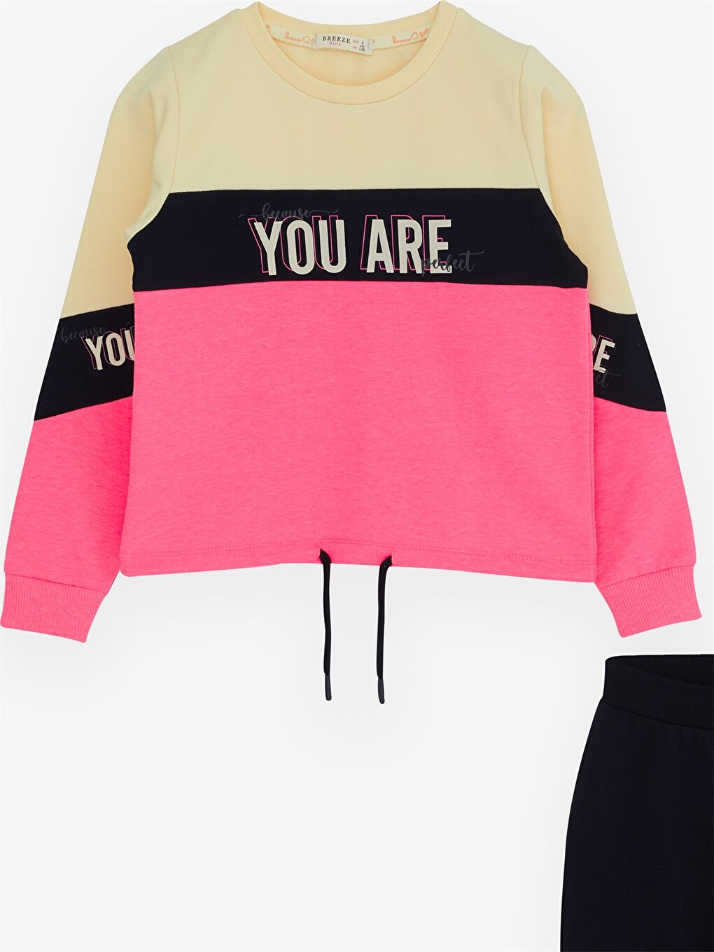 Ekru Bisiklet Yaka Baskılı Uzun Kollu Kız Çocuk 2'li Takım-2