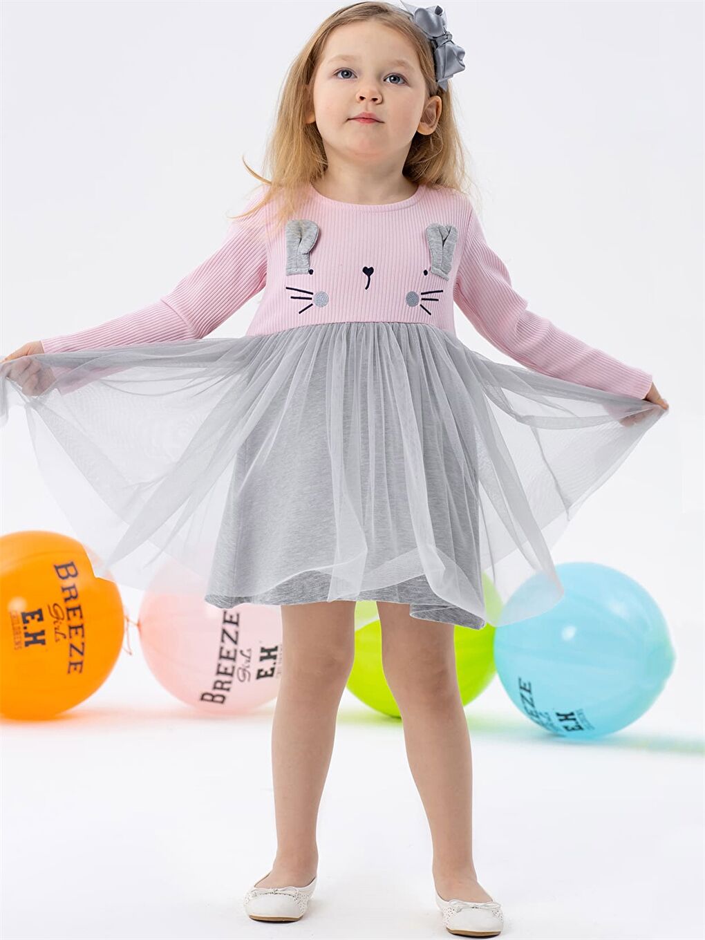 Pembe Bisiklet Yaka Baskılı Uzun Kollu Kız Bebek Elbise