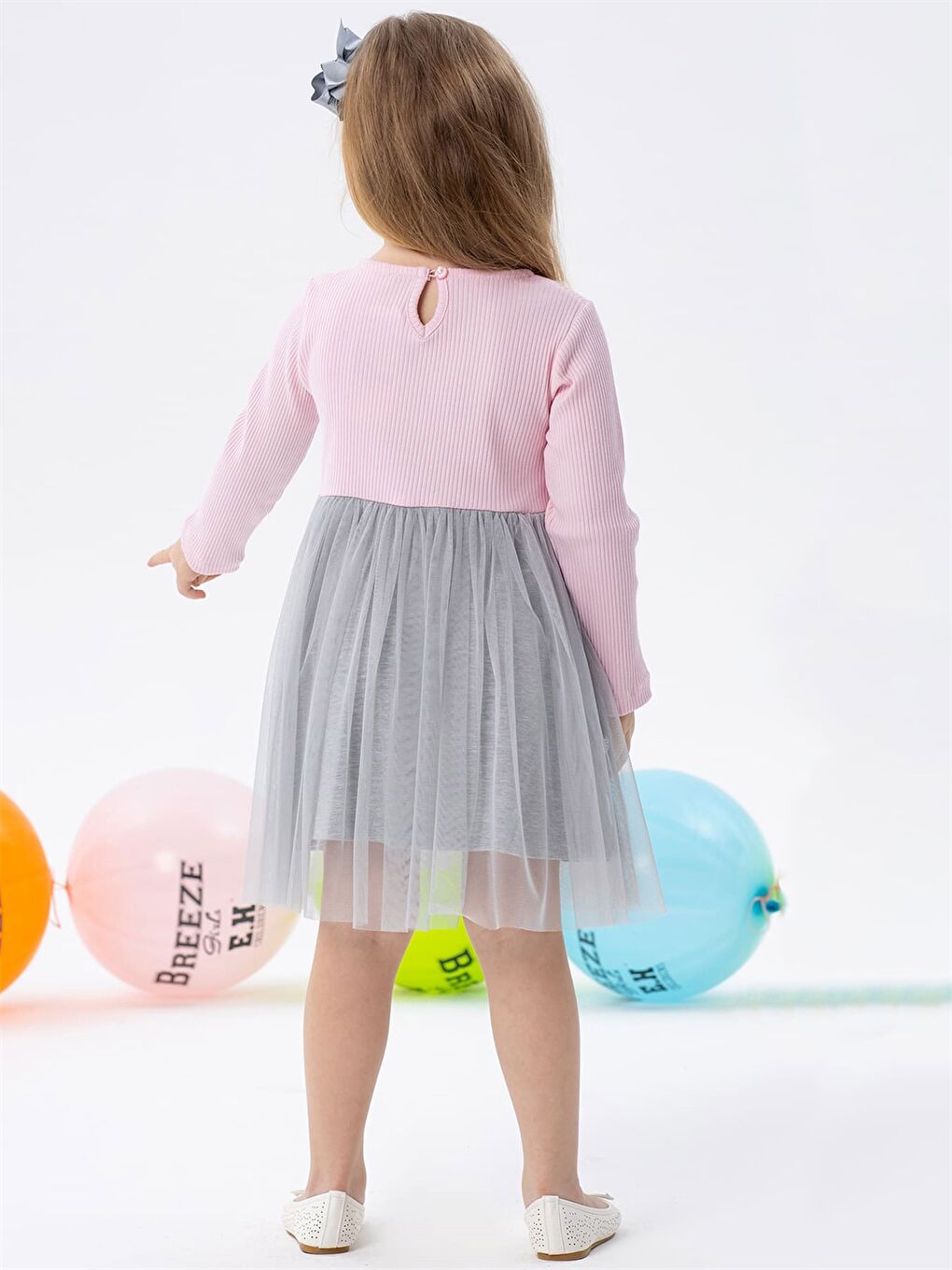 Pembe Bisiklet Yaka Baskılı Uzun Kollu Kız Bebek Elbise-1