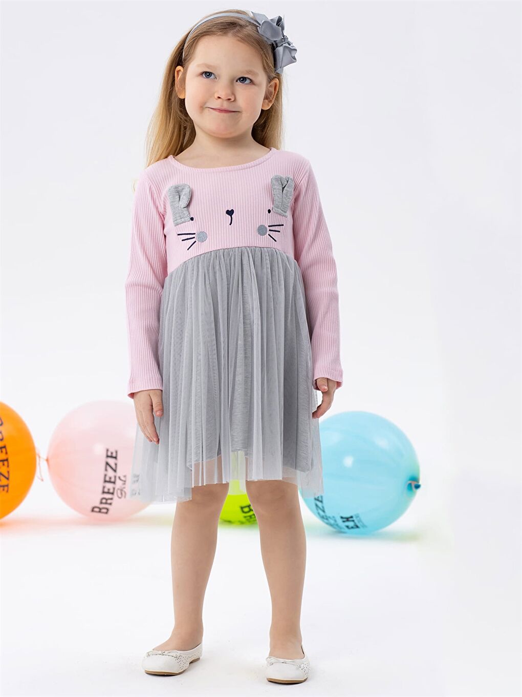 Pembe Bisiklet Yaka Baskılı Uzun Kollu Kız Bebek Elbise-2