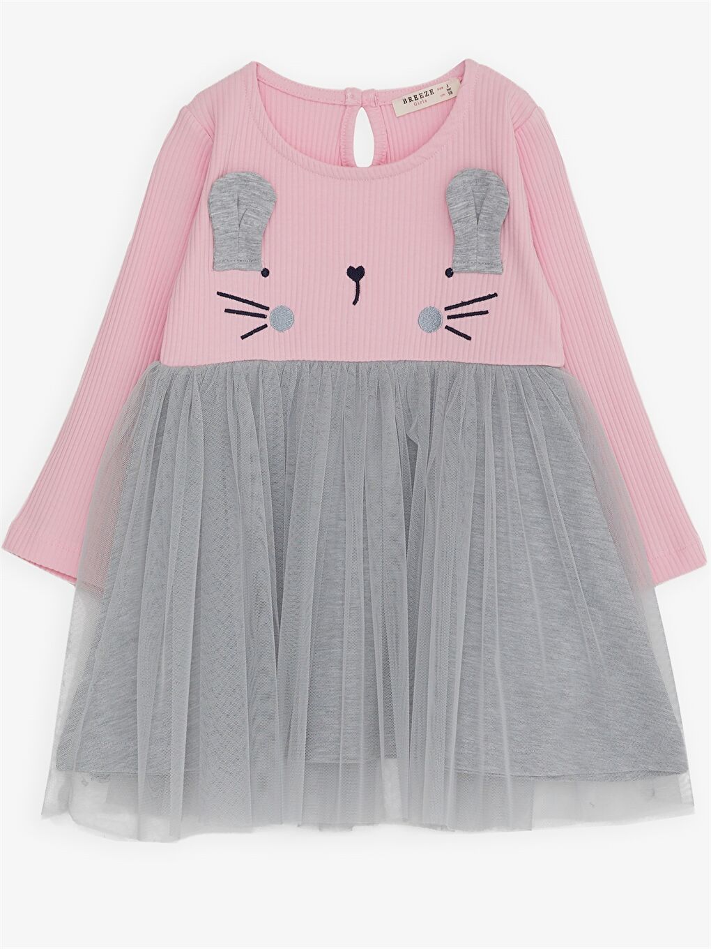 Pembe Bisiklet Yaka Baskılı Uzun Kollu Kız Bebek Elbise-3
