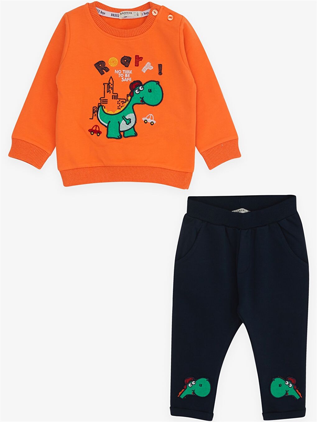 Turuncu Bisiklet Yaka Uzun Kollu Baskılı Erkek Bebek Sweatshirt ve Eşofman Alt 2'li Takım