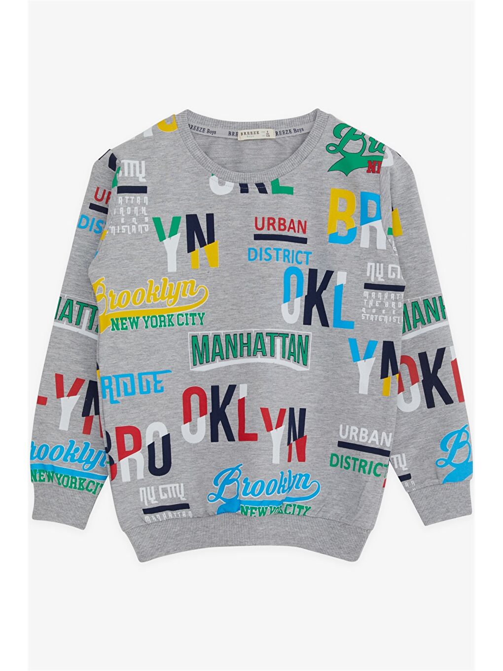 Gri Bisiklet Yaka Baskılı Uzun Kollu Erkek Çocuk Sweatshirt