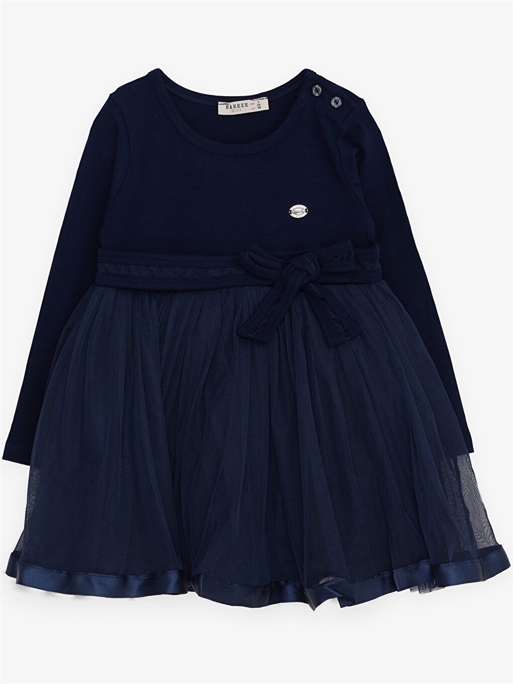 Lacivert Bisiklet Yaka Uzun Kollu Kız Bebek Elbise