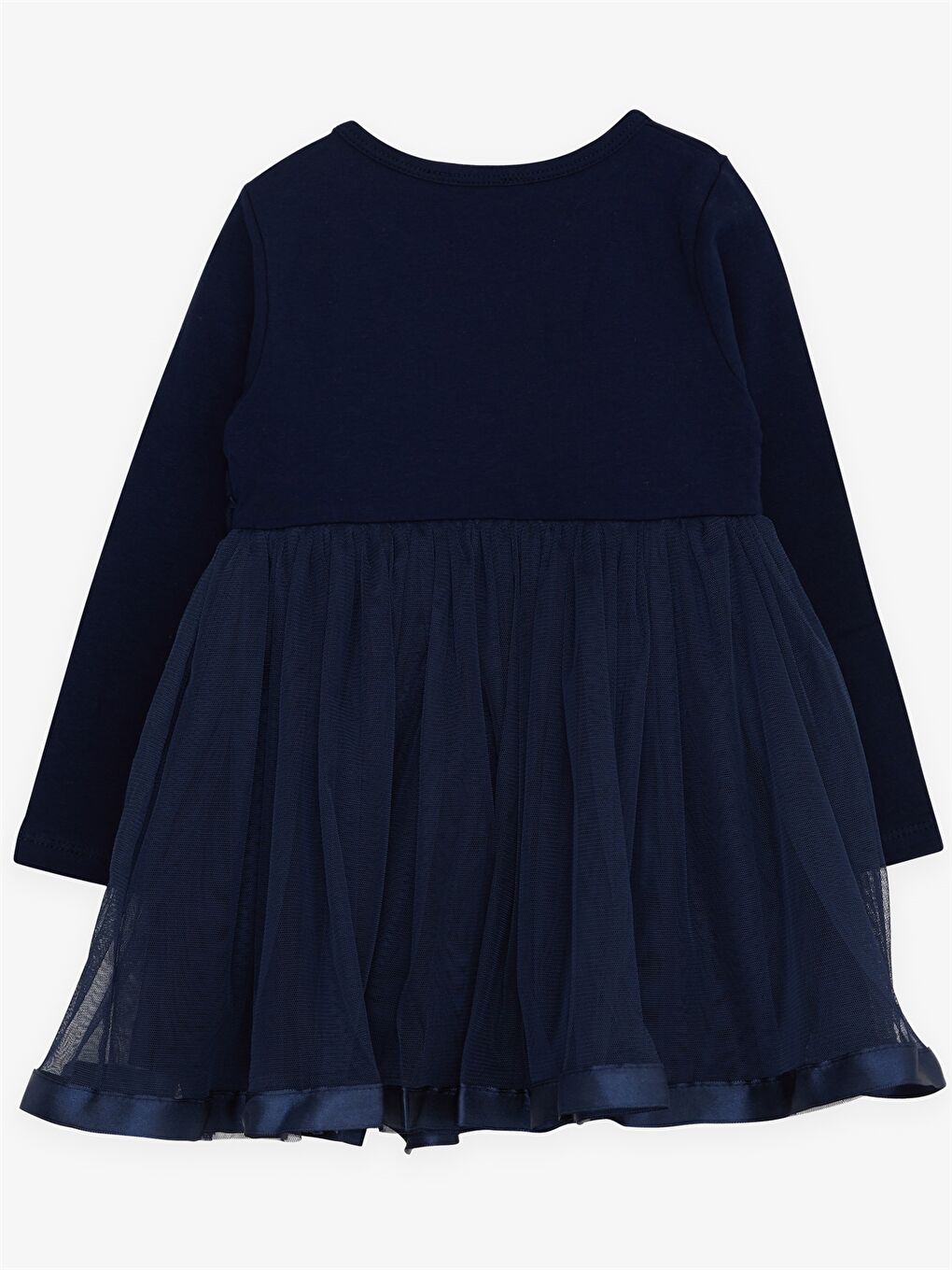 Lacivert Bisiklet Yaka Uzun Kollu Kız Bebek Elbise-1