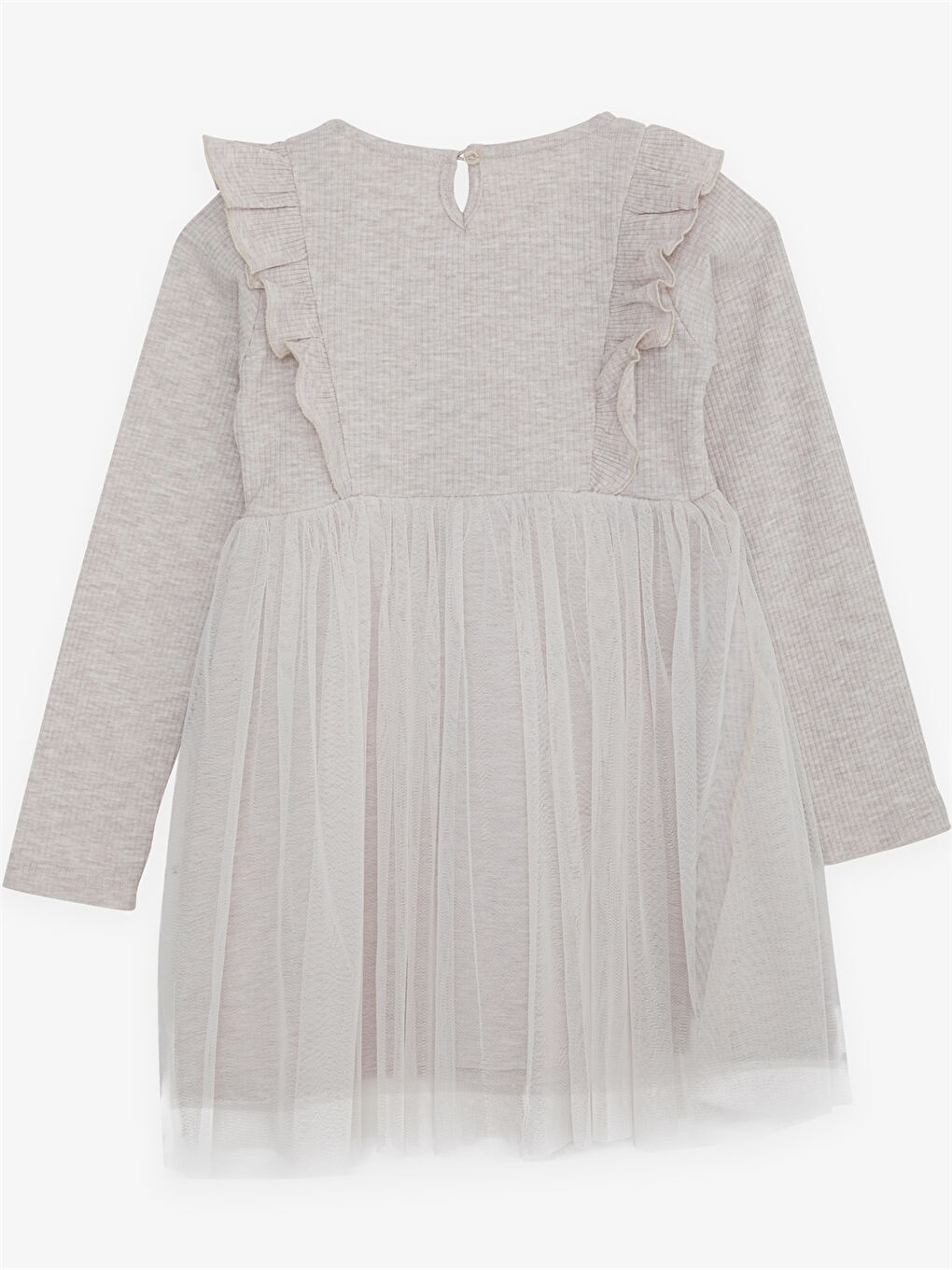 Bej Bisiklet Yaka Uzun Kollu Kız Çocuk Elbise-1