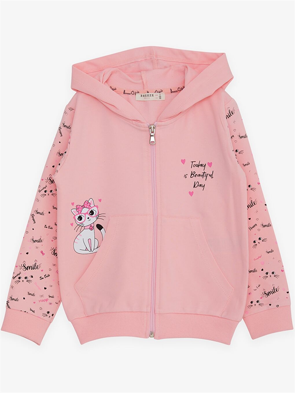 Breeze Pembe Kapüşonlu Uzun Kollu Kız Bebek Fermuarlı Sweatshirt