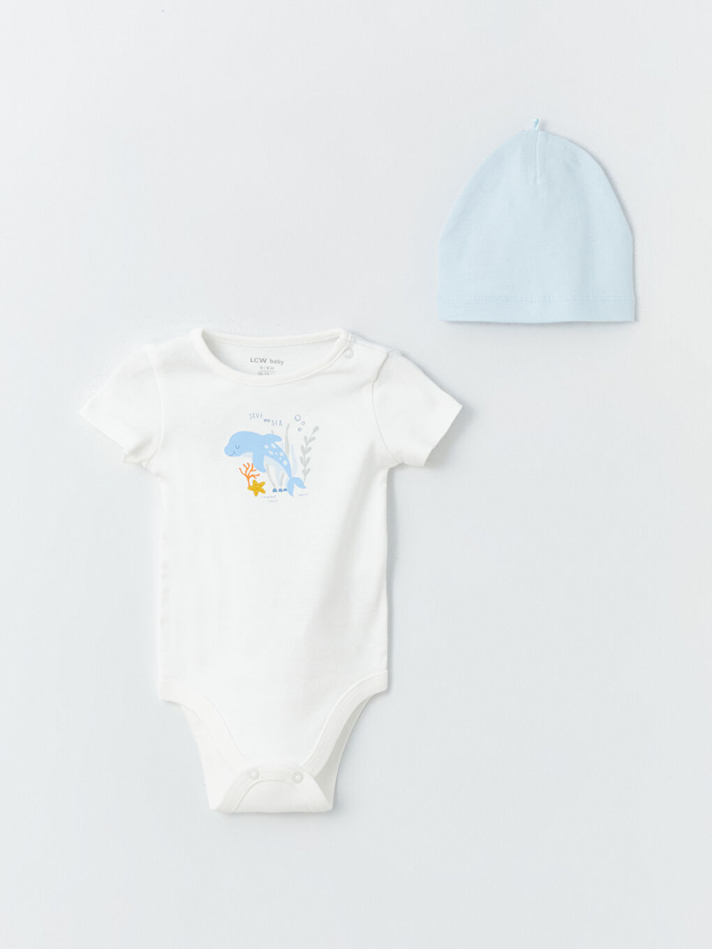 Ekru Bisiklet Yaka Baskılı Erkek Bebek Çıtçıtlı Body Pantolon ve Bere 3'lü Takım-1