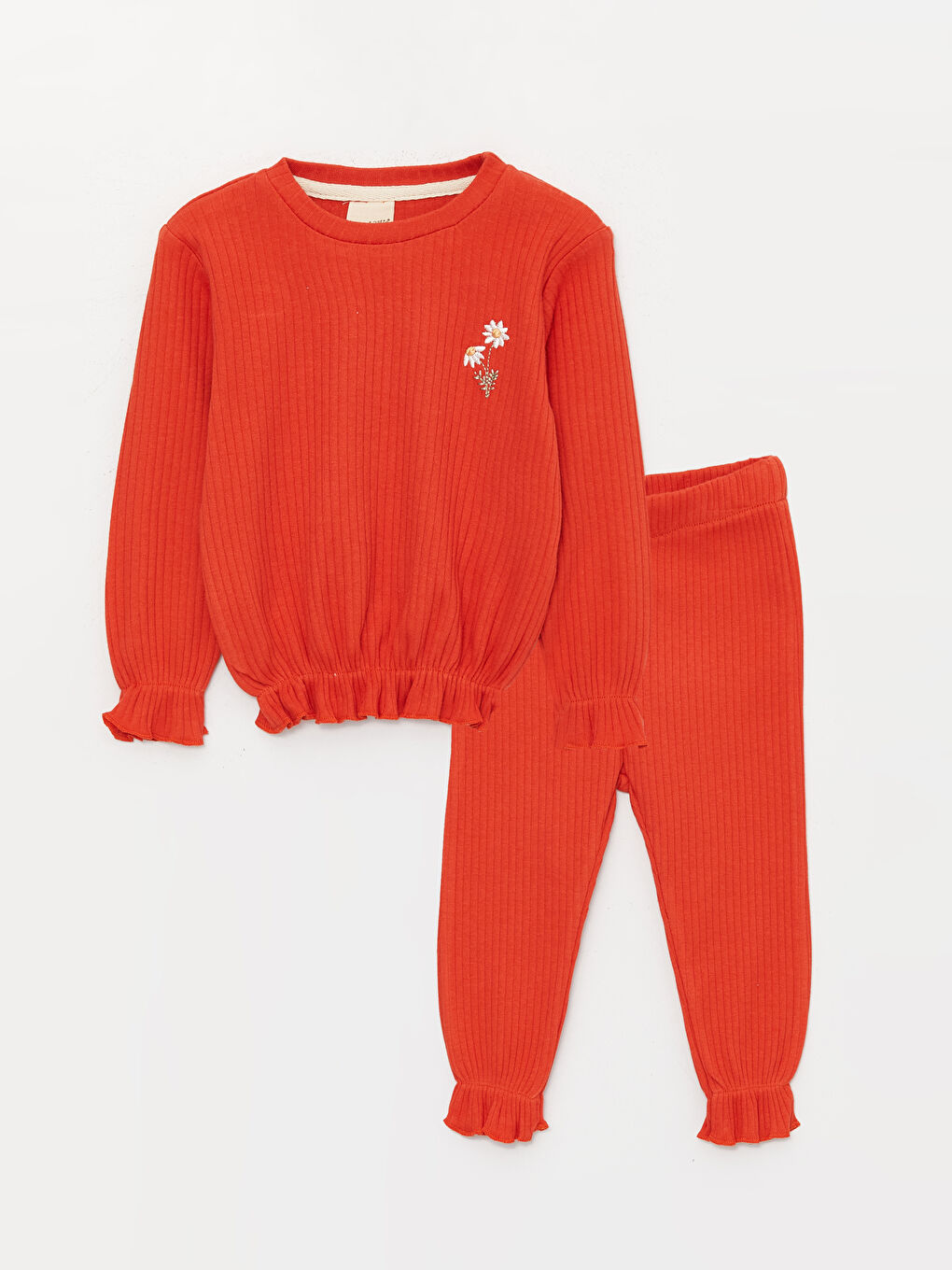 Turuncu Bisiklet Yaka Uzun Kollu Nakışlı Kız Bebek Tişört ve Pantolon 2'li Takım