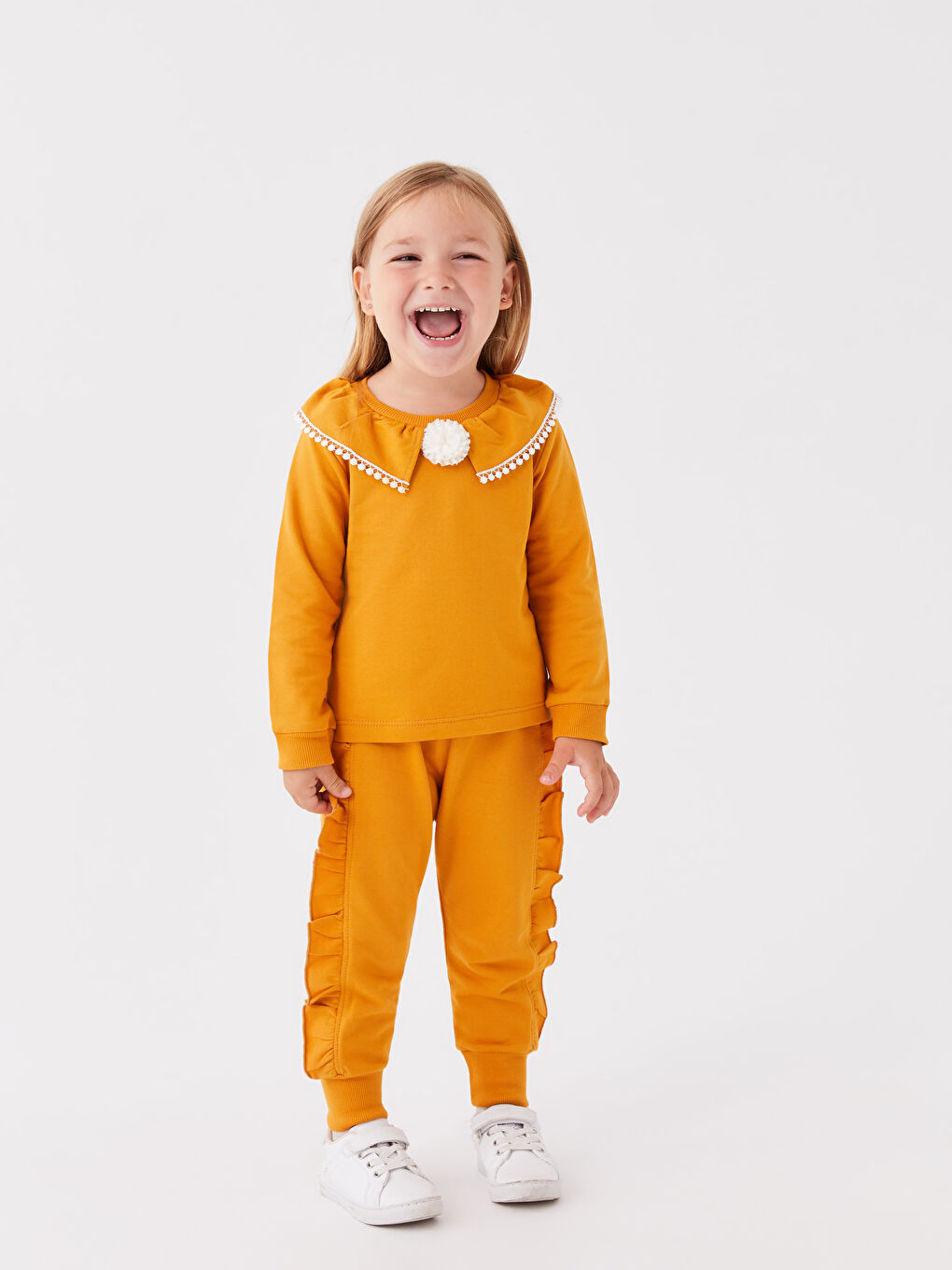 Turuncu Bisiklet Yaka Uzun Kollu Kız Bebek Sweatshirt ve Eşofman Alt 2'li Takım