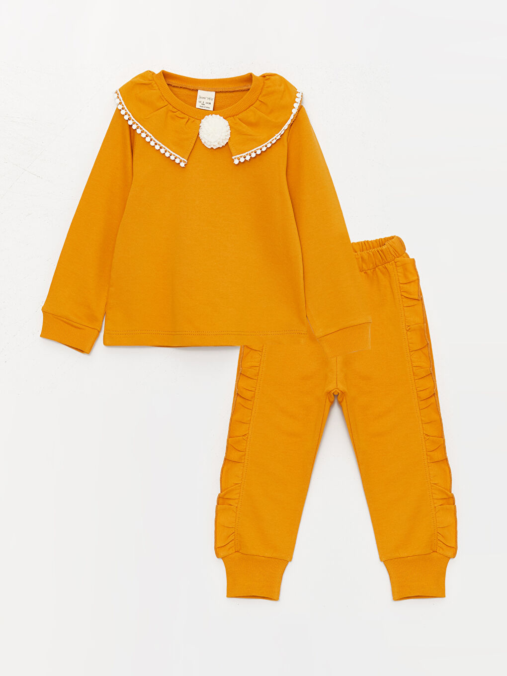 Turuncu Bisiklet Yaka Uzun Kollu Kız Bebek Sweatshirt ve Eşofman Alt 2'li Takım-3