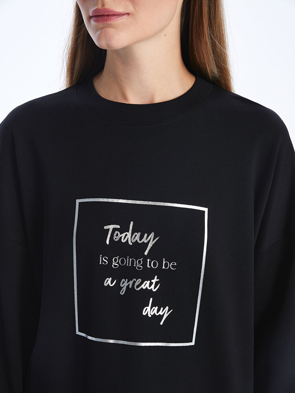 Siyah Bisiklet Yaka Baskılı Uzun Kollu Oversize Kadın Sweatshirt Tunik-3