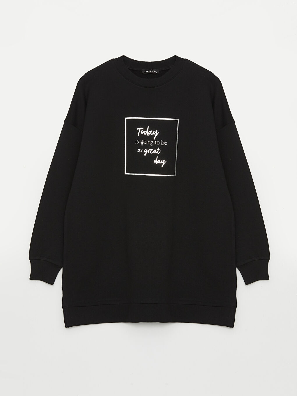 Siyah Bisiklet Yaka Baskılı Uzun Kollu Oversize Kadın Sweatshirt Tunik-5