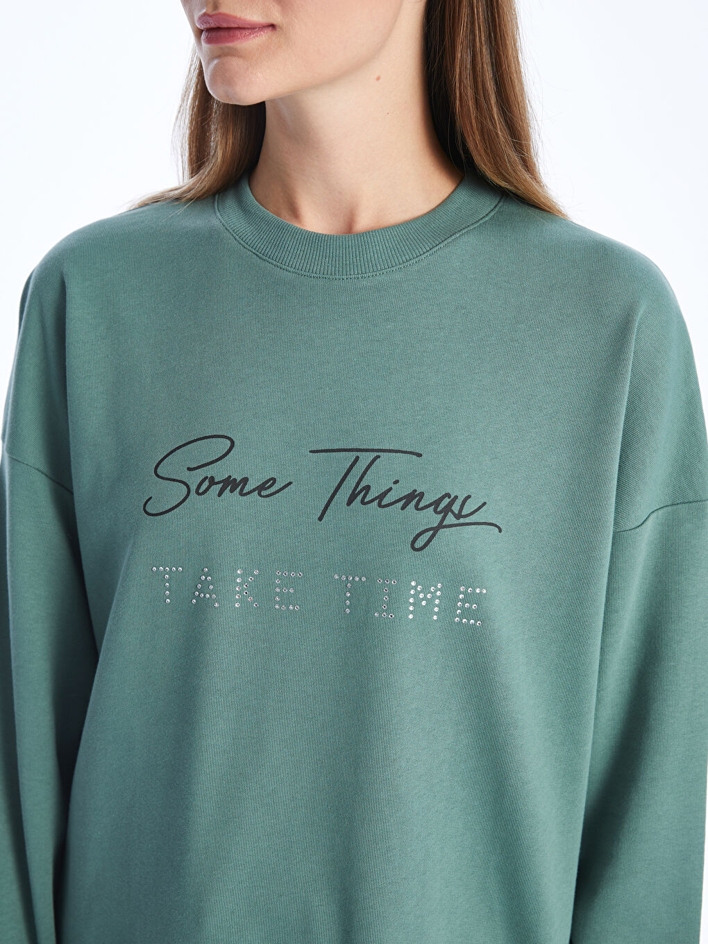 Yeşil Bisiklet Yaka Baskılı Uzun Kollu Oversize Kadın Sweatshirt Tunik-3