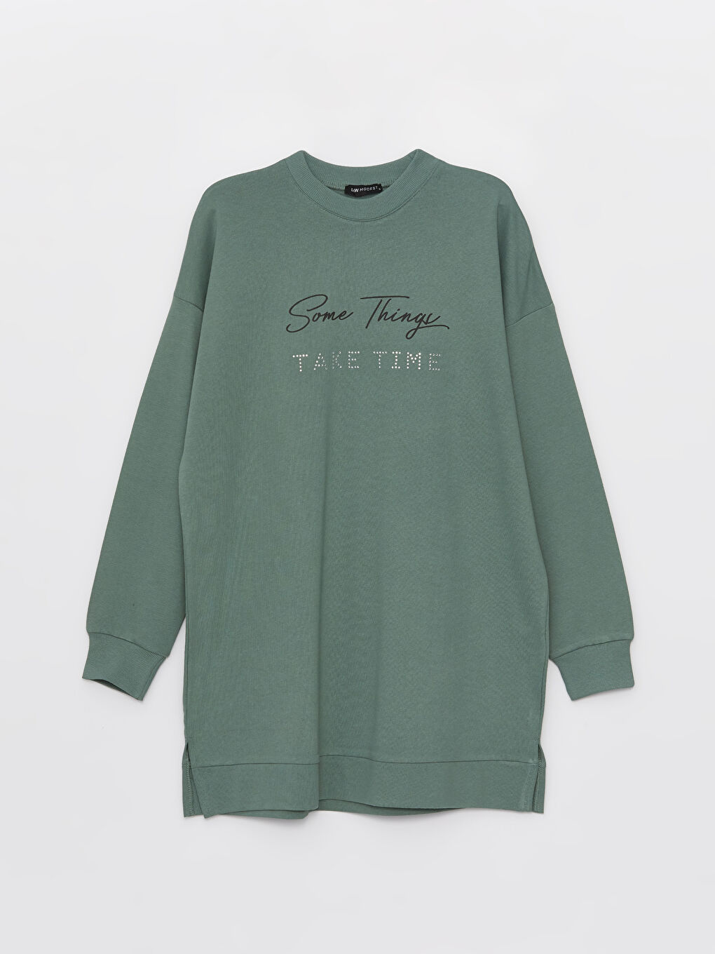 Yeşil Bisiklet Yaka Baskılı Uzun Kollu Oversize Kadın Sweatshirt Tunik-5