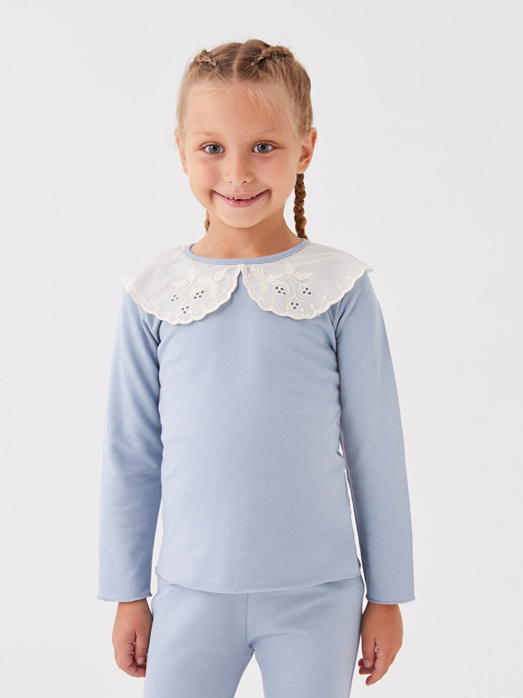 Mavi Bebe Yaka Uzun Kollu Kız Çocuk Tişört ve Tayt-1