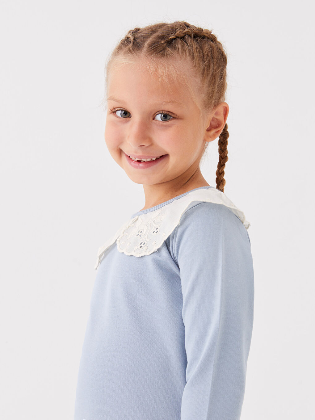 Mavi Bebe Yaka Uzun Kollu Kız Çocuk Tişört ve Tayt-2