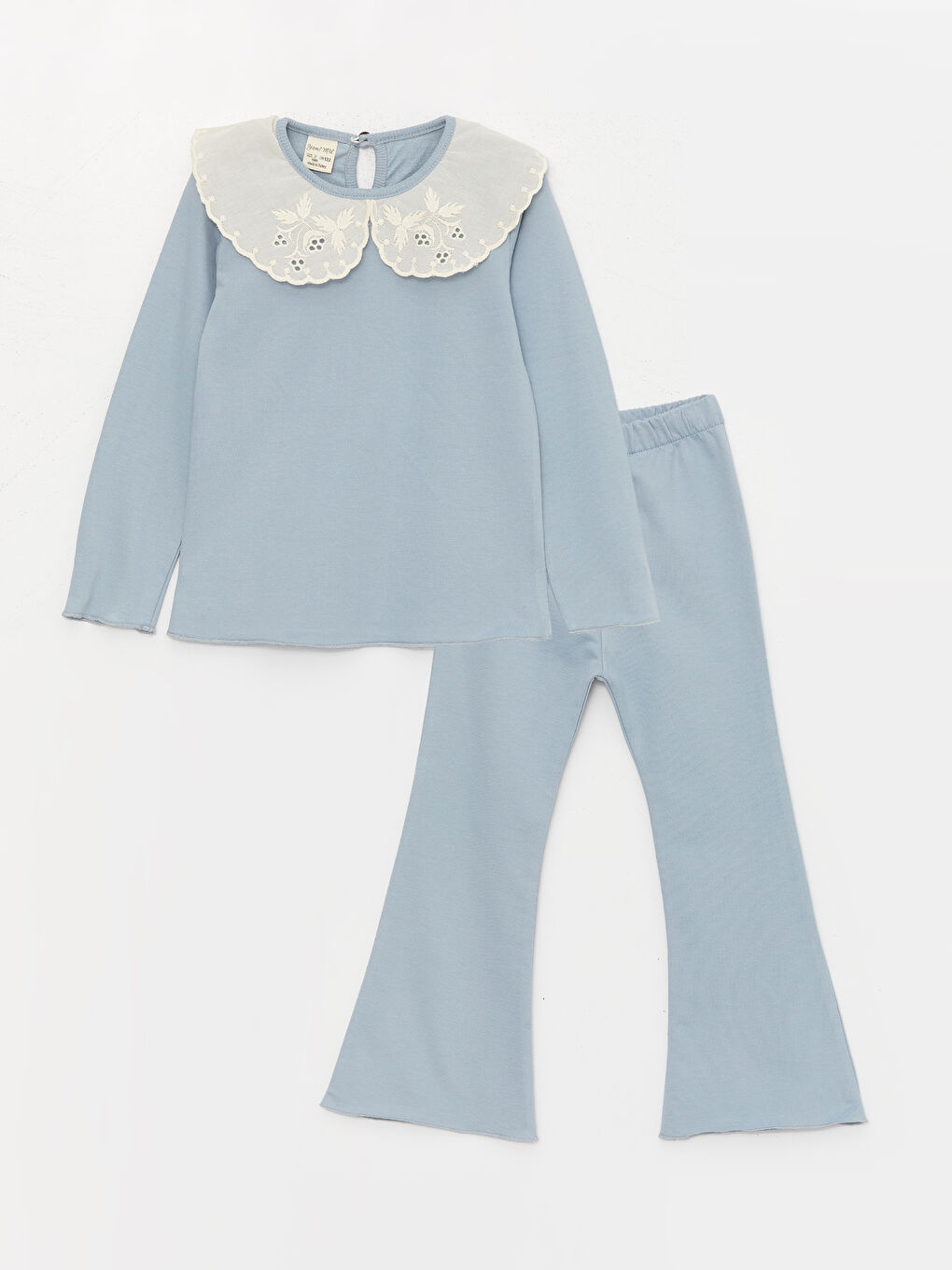 Mavi Bebe Yaka Uzun Kollu Kız Çocuk Tişört ve Tayt-3