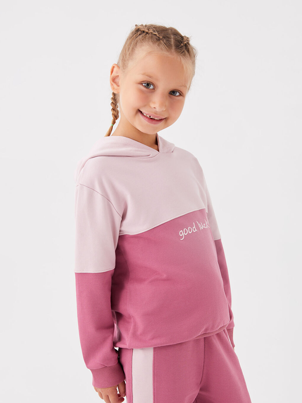 Mor Kapüşonlu Baskılı Kız Çocuk Sweatshirt ve Eşofman Altı-1