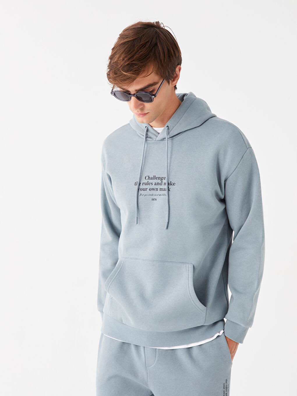 LCW Casual Mavi Uzun Kollu Baskılı Erkek Kalın Hoodie