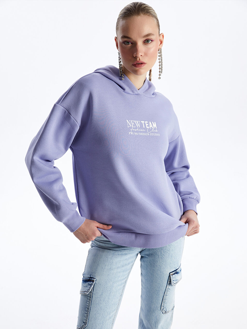 LCW Vision Lila Nakışlı Uzun Kollu Oversize Kadın Hoodie