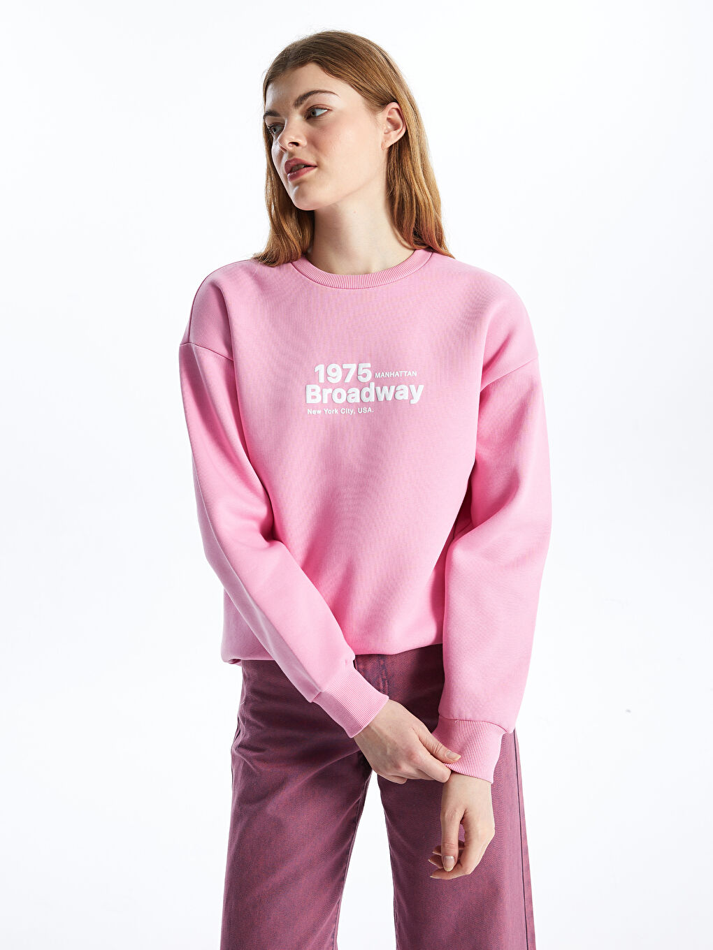 LCW Vision Pembe Leylak Bisiklet Yaka Baskılı Uzun Kollu Kadın Sweatshirt