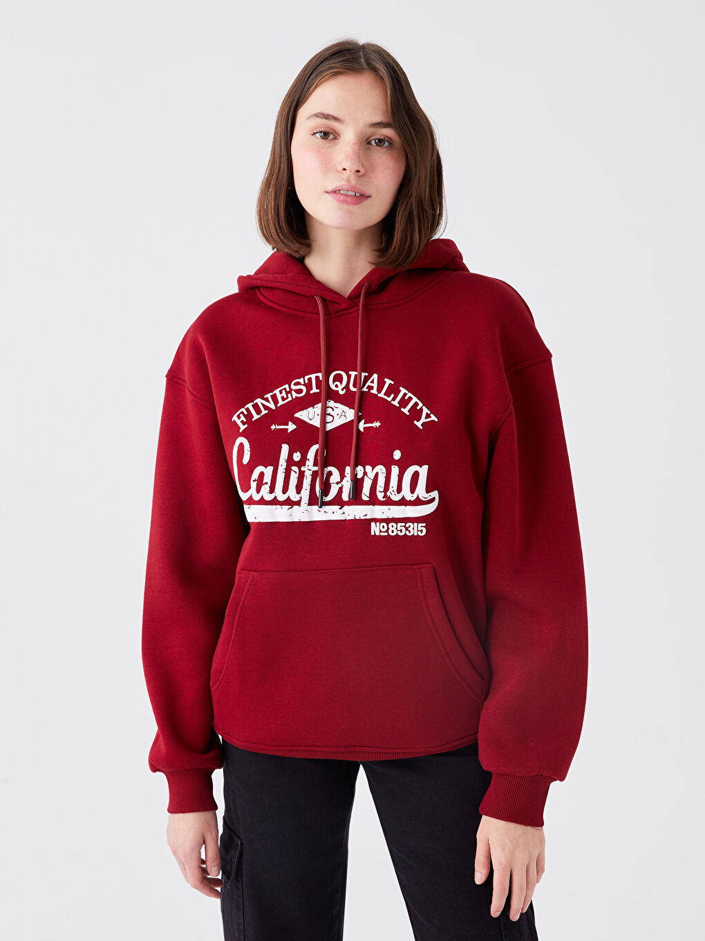 Bordo Baskılı Kapüşonlu Kadın Hoodie