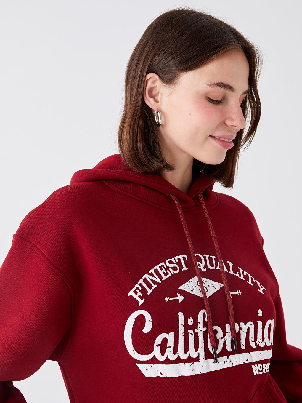 Bordo Baskılı Kapüşonlu Kadın Hoodie-1