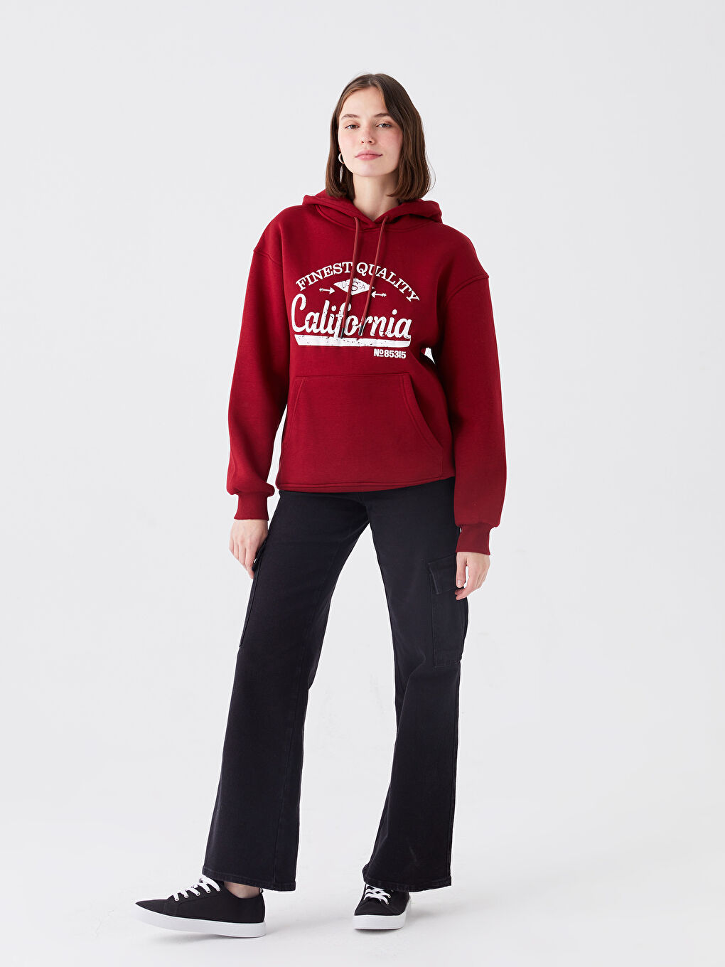 Bordo Baskılı Kapüşonlu Kadın Hoodie-2