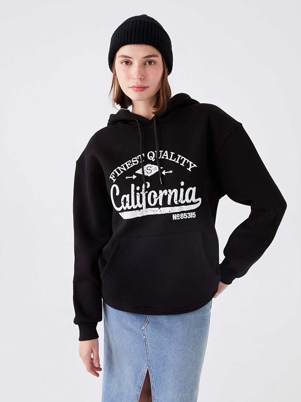 CALİMERA MODA Siyah Baskılı Kapüşonlu Kadın Hoodie