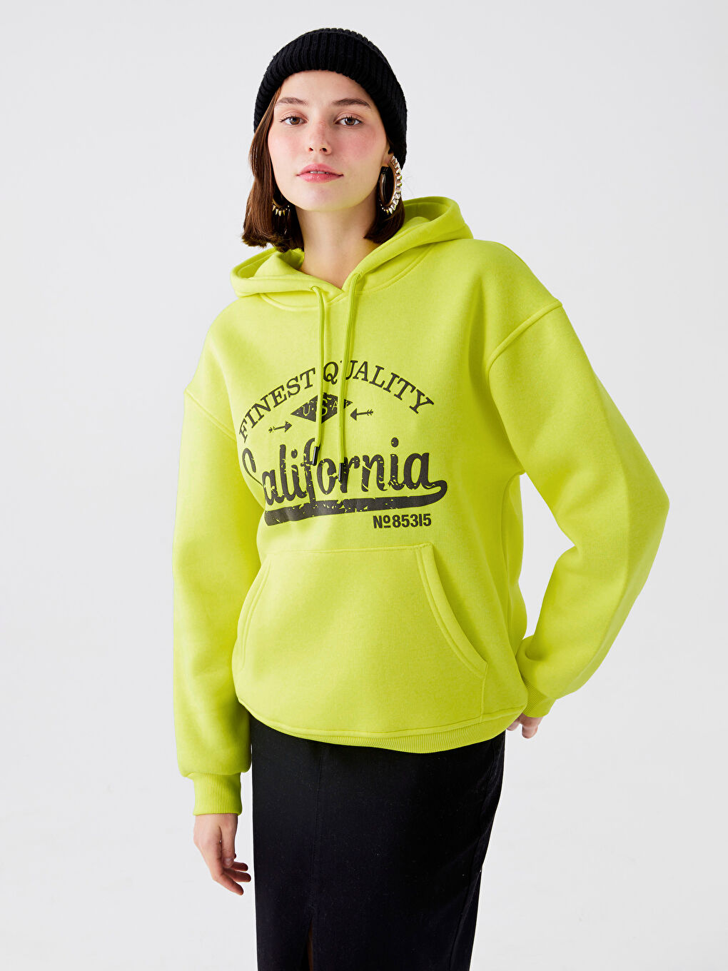 CALİMERA MODA Neon Yeşil Baskılı Kapüşonlu Kadın Hoodie