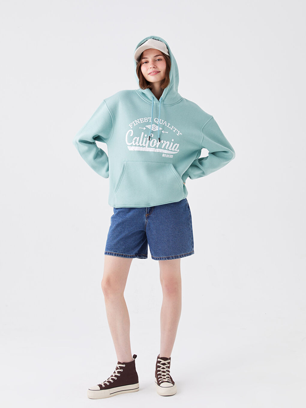 Yeşil Baskılı Kapüşonlu Kadın Hoodie-2