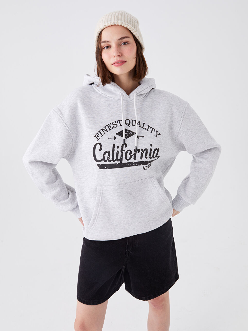 Gri Baskılı Kapüşonlu Kadın Hoodie